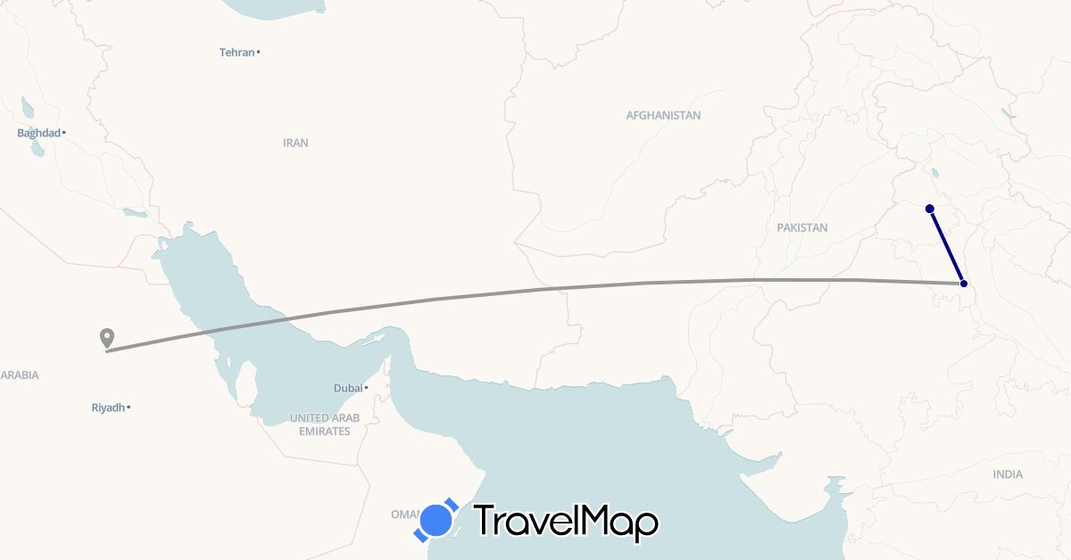 TravelMap itinerary: driving, plane in India, Saudi Arabia (Asia)